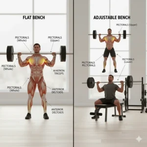 Anatomical diagram showing how flat, incline, and decline angles target different parts of the pectorals and deltoids.