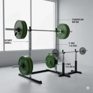 Comparison of an Olympic barbell and a standard bar for a home gym bench press setup.
