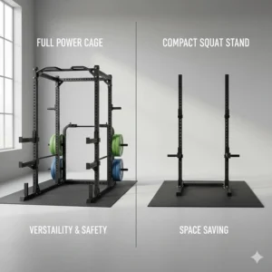 Illustration comparing a full power cage and a compact squat stand for home gym versatility and safety.