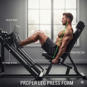 Side-view illustration showing correct back alignment and knee positioning during the eccentric phase of a leg press.