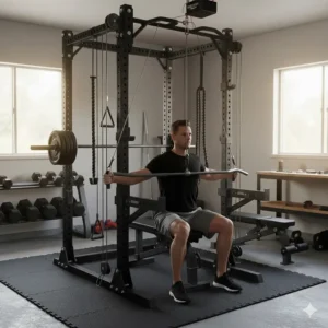 Illustration of a seated cable row exercise using a low-mounted pulley system in a garage gym.