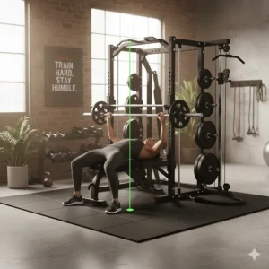 Illustration of a user performing a flat bench press using the guided bar of a smith machine home gym.