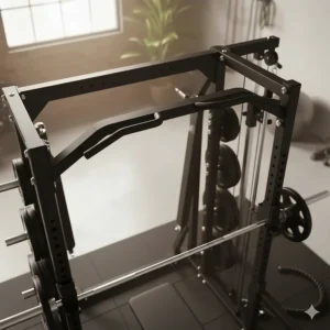 Top-view illustration of the multi-grip pull-up bar attachment on a smith machine home gym frame.