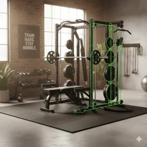 Diagram highlighting the dual pulley system and cable attachments included in an all-in-one smith machine home gym.