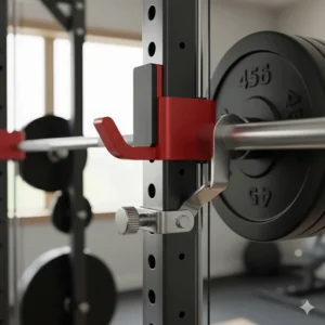 Close-up illustration of the safety hooks and lockout points on a smith machine home gym for solo lifting.