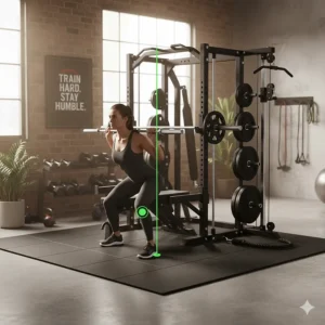 An illustration showing the correct foot placement and vertical bar path for performing squats on a smith machine.