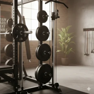 Illustration of the built-in weight plate storage pegs on the rear frame of a smith machine.