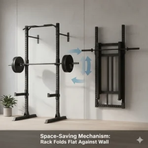 Diagram showing how a wall mounted home gym rack folds flat against the wall when not in use.
