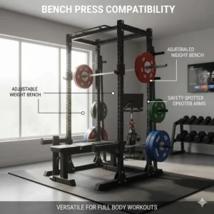 An adjustable weight bench positioned inside a squat rack for home gym chest press exercises.
