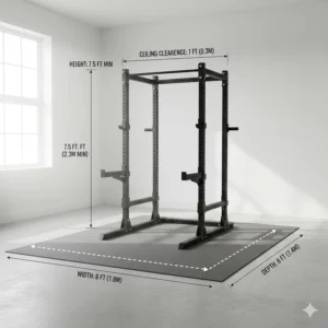 Diagram showing the floor space and ceiling height requirements for a standard squat rack for home gym use.