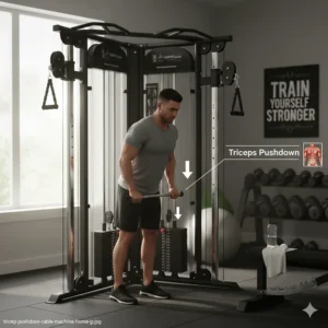 Illustration of a tricep pushdown exercise performed on a compact cable machine for home gym training.