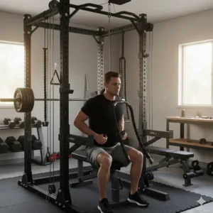 Close-up of a rope attachment being used for tricep pushdowns on a home gym cable pulley.