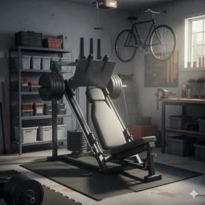 Illustration of a vertical leg press machine in a small garage gym setting, highlighting its space-saving vertical design.