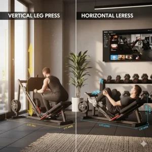Comparison chart showing the footprint and movement path of a vertical leg press versus a horizontal seated leg press for home use.