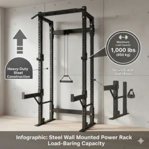 Infographic displaying the heavy-duty weight capacity of a steel wall mounted power rack.