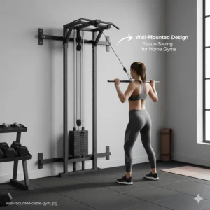 A space-saving wall-mounted pulley system and cable machine for home gym owners with limited space.