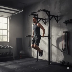 Heavy-duty wall-mounted gym bars for home strength training and calisthenics.