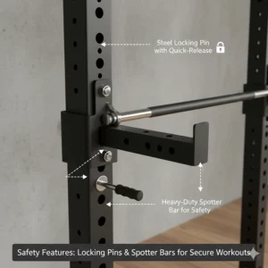 Detail of the safety locking pins used to secure a wall mounted gym rack during a workout.