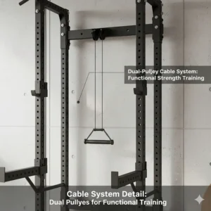 Close-up of a dual-pulley wall mounted home gym system for functional strength training.