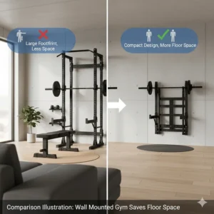 Comparison illustration showing the floor space saved by choosing a wall mounted home gym over a traditional cage.