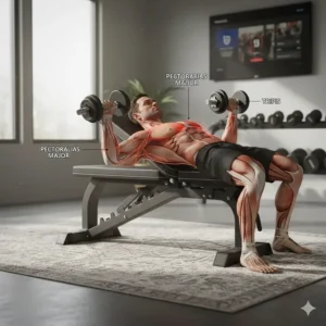 Anatomical illustration showing muscle engagement during a bench press on a standard home weight bench.