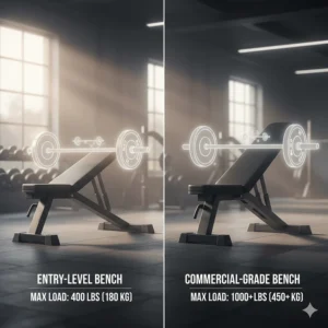 Infographic comparing the weight capacity of entry-level vs. commercial-grade weight benches for home gyms.