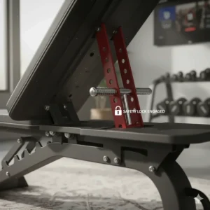 Close-up illustration of a secure pin-lock system on an adjustable weight bench to ensure stability during lifting.