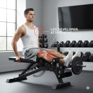 Illustration of a multi-purpose weight bench featuring a leg developer attachment for extensions and curls.