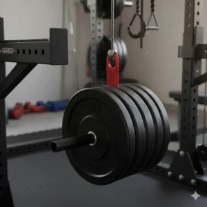 Close-up of a steel loading pin holding Olympic weight plates for a home gym pulley system.