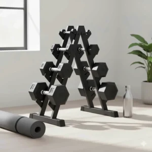 Classic A-frame style small weight rack for home gym holding light to medium dumbbells.