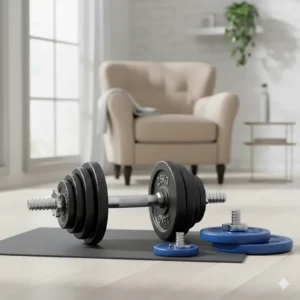 Compact adjustable dumbbell set for home gym with removable weight plates.
