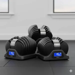 A pair of adjustable dumbbells as part of a space-saving home gym weight set.