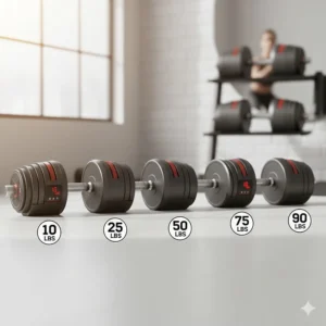 Illustration showing the weight increments of heavy adjustable dumbbells from 10 to 90 pounds.