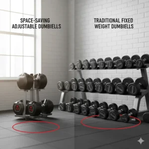 Comparison chart showing how one pair of heavy adjustable dumbbells replaces a full rack of fixed weights.