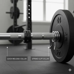 Close-up of barbell collars and safety clips used with a home gym weight set.