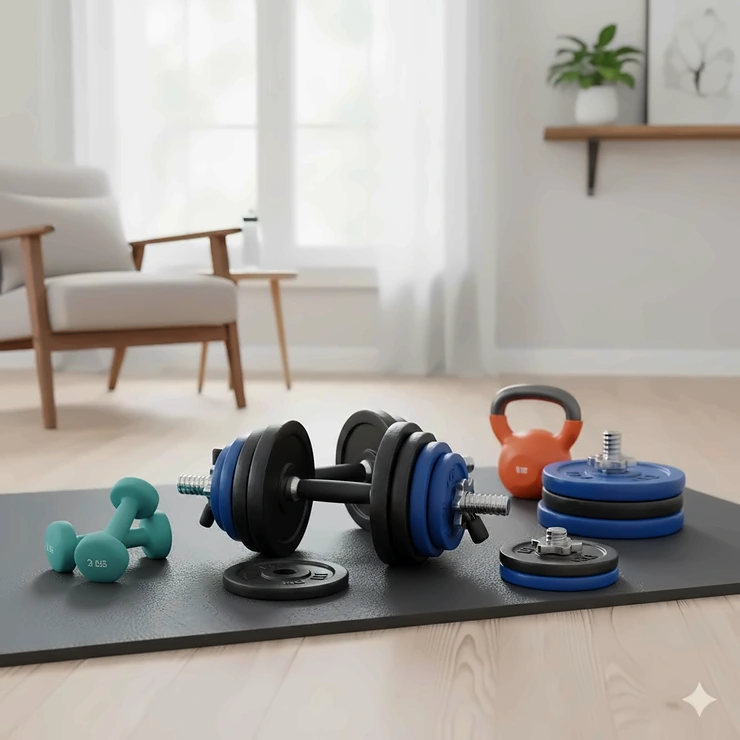 A complete adjustable cheap dumbbell set for home gym displayed on a protective floor mat.