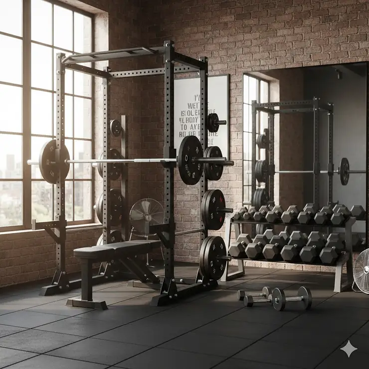 A heavy-duty power rack with a barbell and weight plates in a modern home gym setup. weight rack for home gym