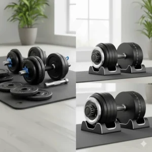 Comparison of a cheap dumbbell set for home gym versus expensive selectorized models.