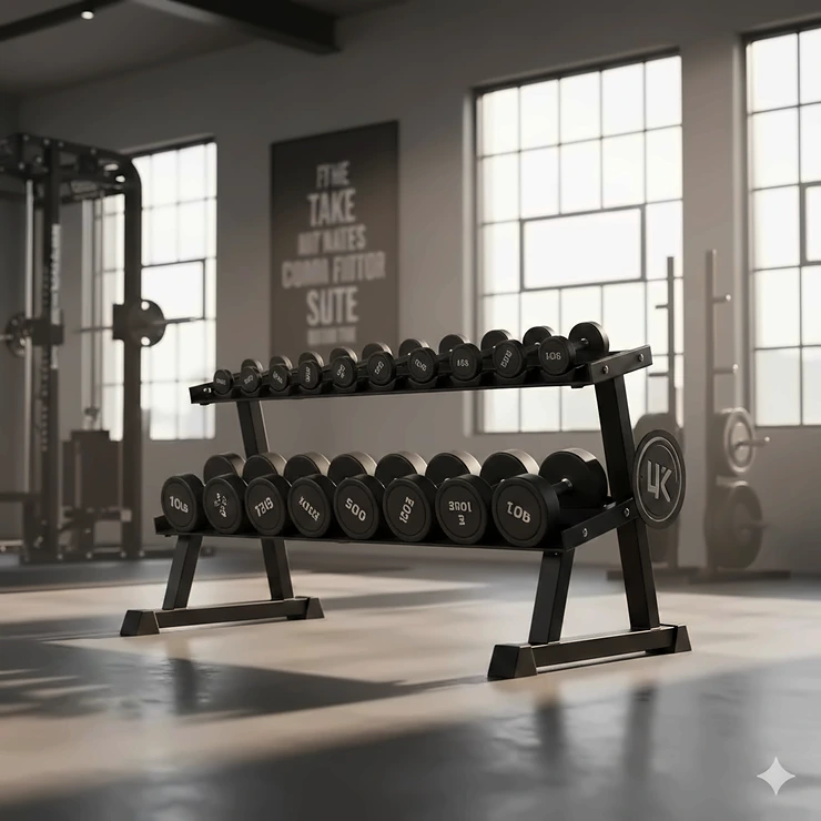 A heavy-duty three-tier dumbbell storage rack holding a full set of rubber hex weights in a modern home gym.
