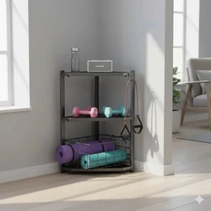 Compact corner home gym storage rack holding yoga mats and light weights in a small apartment workout area.