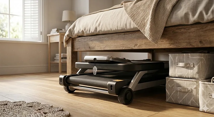 A slim folding treadmill for home stored horizontally under a bed frame to save space. folding treadmill for home