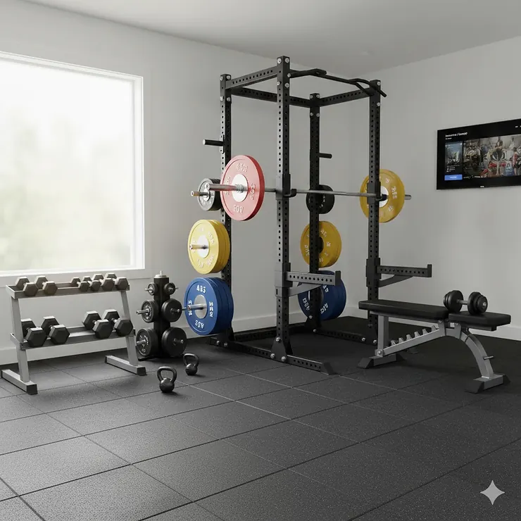A comprehensive home gym weight set including a power rack, barbell, and colorful bumper plates in a bright garage gym.