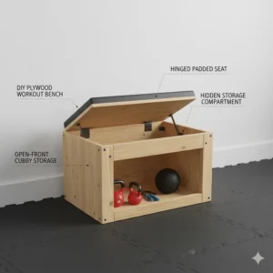 A multifunctional DIY workout bench featuring hidden storage compartments for small gym equipment.
