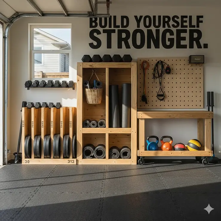 A bright, organized workout space featuring DIY home gym storage solutions for weights, mats, and bands.