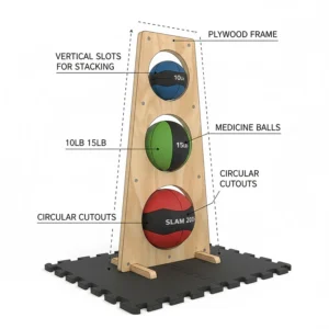 Vertical DIY storage tower design for stacking medicine balls and slam balls in a compact home gym.