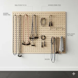 A simple DIY pegboard organizer designed specifically for hanging resistance bands and jump ropes.