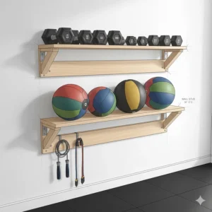 Illustration of a DIY wall-mounted storage rack holding dumbbells and medicine balls to save floor space.