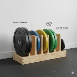 A DIY wooden "toaster rack" design for organizing bumper plates by size in a garage gym.