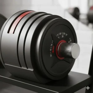 Close-up illustration of the rapid-adjust dial system on a heavy adjustable dumbbell.