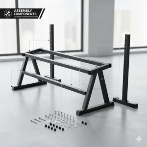 Organized illustration of bolts, rails, and frame components for a DIY assembly dumbbell storage rack.